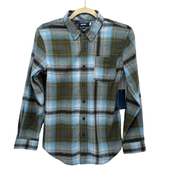 NWT Univibe Flannel Plaid Blue Green Button Shirt Boys Large - Picture 1 of 7